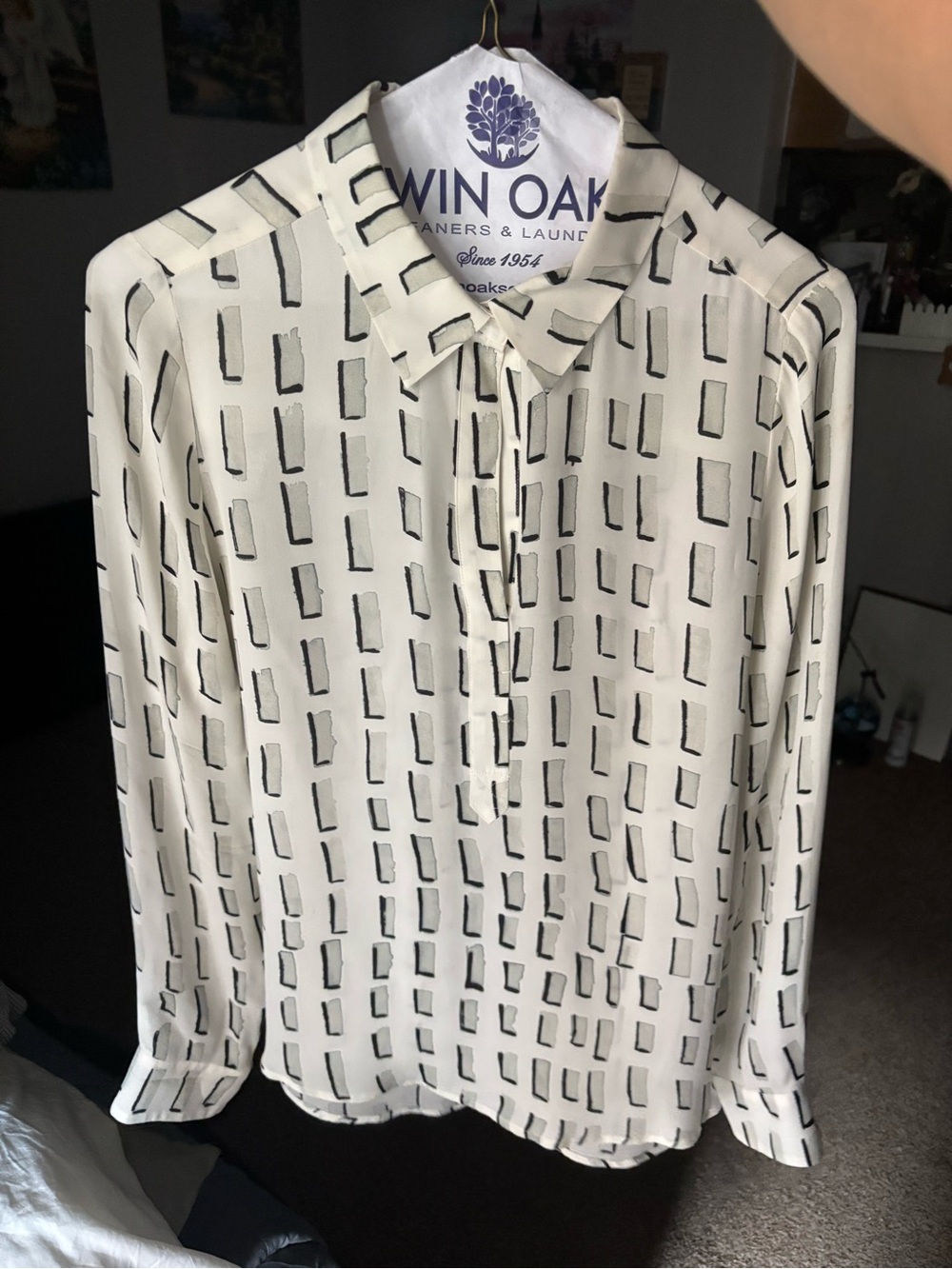 GO BY GO SILK Cream Blouse with Black Geometric Rectangles